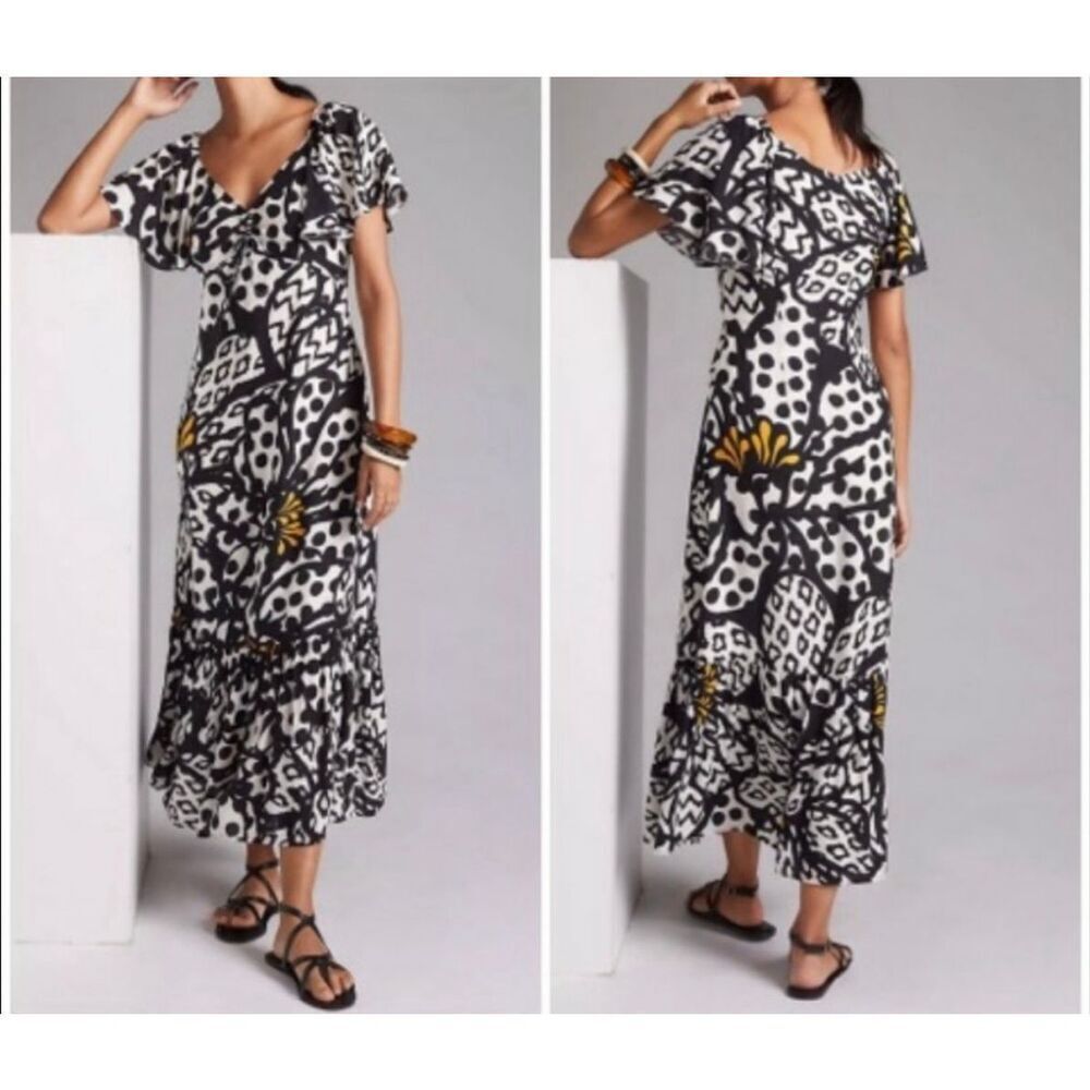 FARM Rio Anthropologie Flutter-Sleeved Maxi Flowy Dress Women's Small